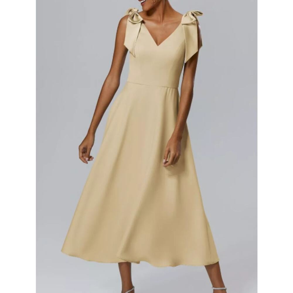 AW BRIDAL 2 XS Light Gold Verna bridesmaid formal party midi dress NEW B128